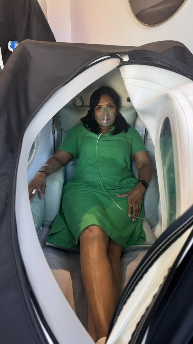 Inside the chamber: room to sit back, with the zip open and windows either side