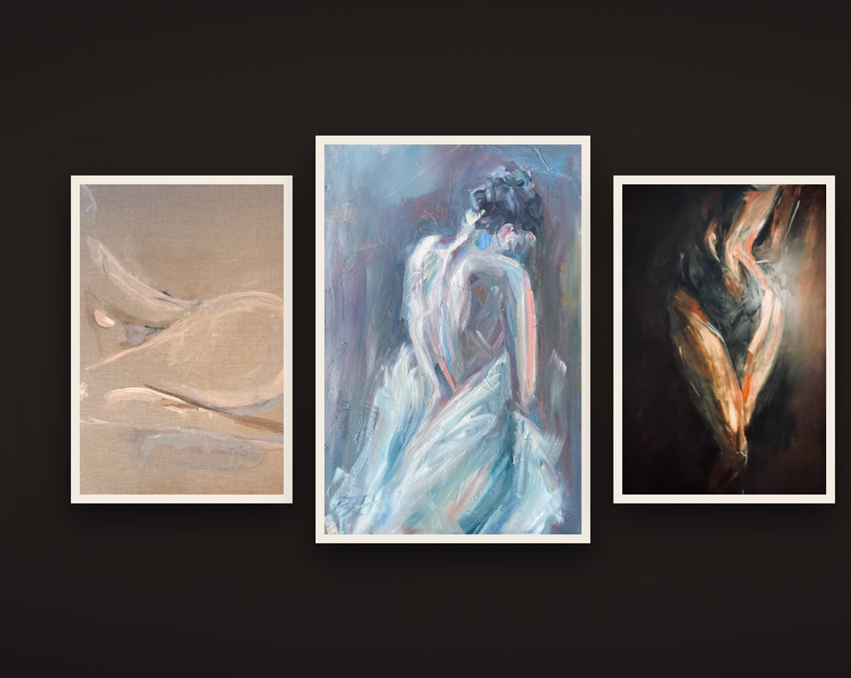 Three of Roberta Heslop's paintings from the collection on the studio walls